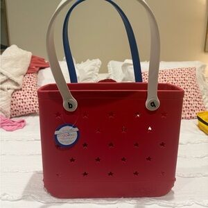 BOGG BAG Red Tote with White & Blue Handles and Star Cutouts..new with tags